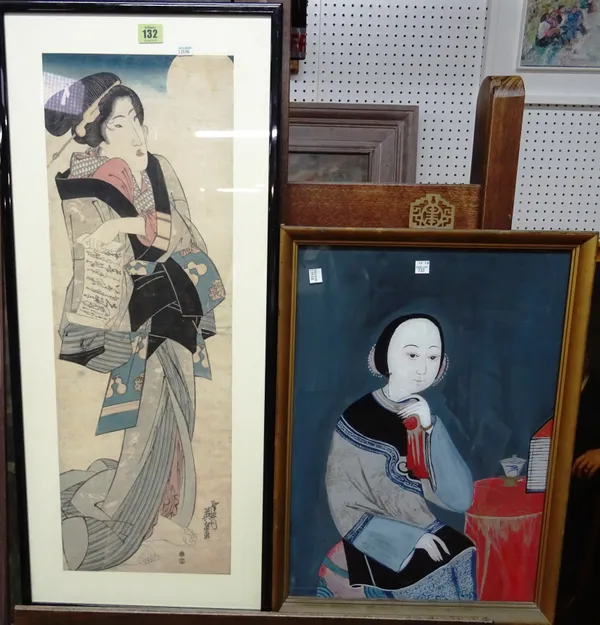 A Japanese woodblock print of a lady attributed to Eizan, together with a Chinese oil on glass of a portrait of a lady, (2).  CAB