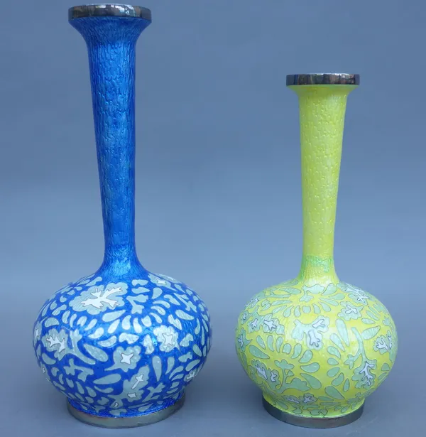 A modern Korean enamel on silver bottleneck vase, blue ground, foliate design, stamped to the base 'Made in Korea Silver 98%', 20cm high, and another