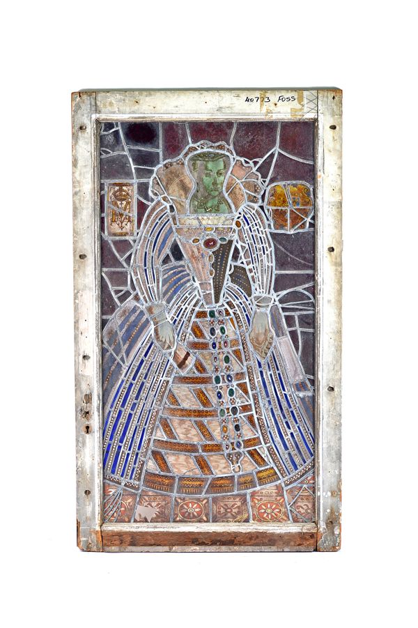 A Victorian stained glass window panel, depicting Mary Queen of Scots, featured centre flanked by monogrammed 'M' and a heraldic crest, mounted in a l