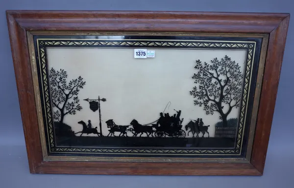 A George IV silhouette picture depicting 'On the way to The Derby 1827' with sign engraved 'Eagle Tavern Epsom', framed and glazed, 56cm x 33cm.