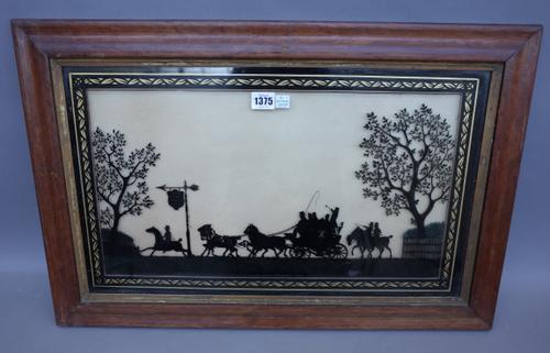 A George IV silhouette picture depicting 'On the way to The Derby 1827' with sign engraved 'Eagle Tavern Epsom', framed and glazed, 56cm x 33cm.