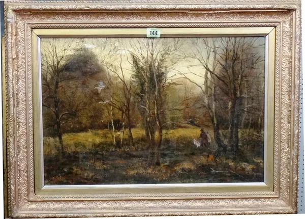 English School (19th century), Woodland scene with a figure and dog, oil on canvas, 35cm x 52cm.  H1