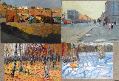 Continental School (20th century), a group of four oils, including a woodland scene, an encampment; snow scene and city scene, oil on card, all unfram