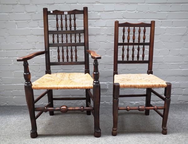 A matched set of eight Lancashire ash framed bobbin back dining chairs on turned supports, to include a pair of carvers, (8).