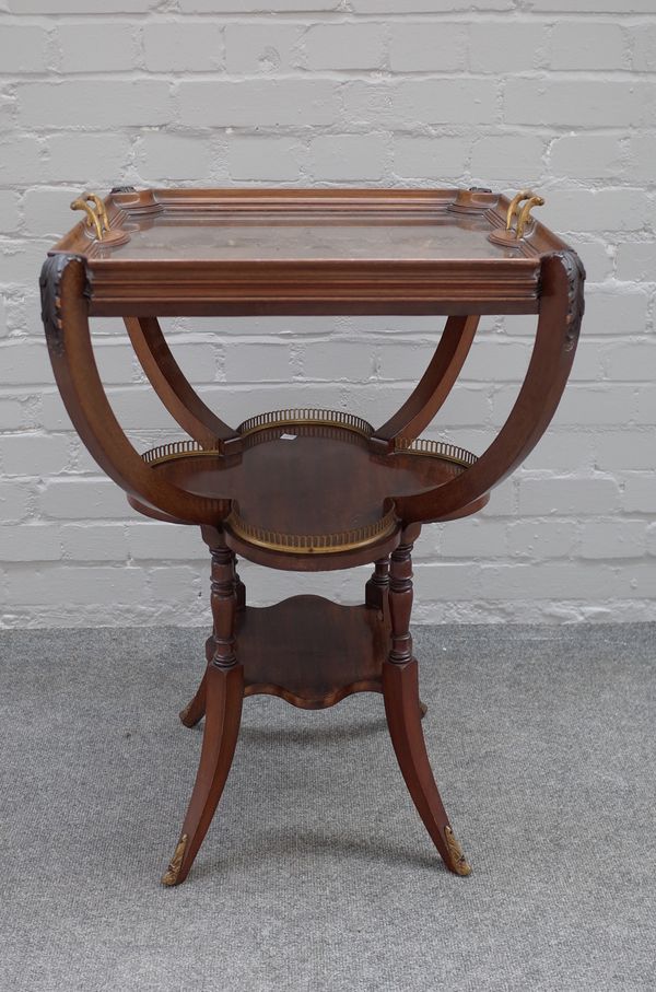 A late 19th century mahogany occasional table with lift off square tray top on four open supports, united by galleried quatrefoil platform, 51cm wide