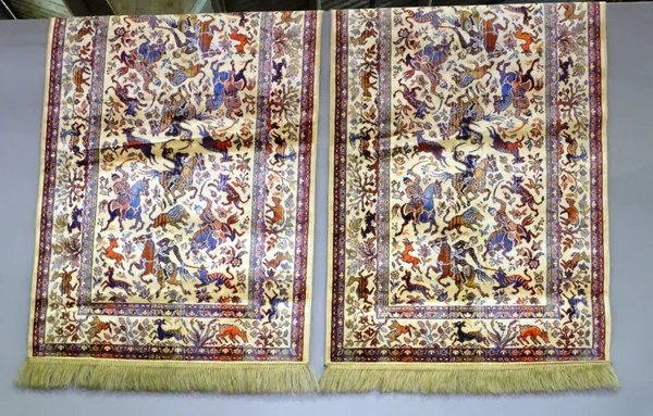 A Turkish silk rug, 156 x 93 and two machine made mats with hunting scenes, 110 x 68   (3).  J9