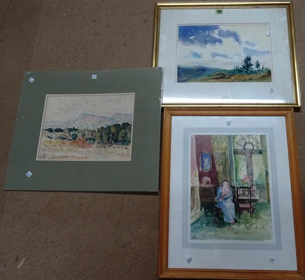 A group of three 20th century watercolours, including two landscapes (one unframed), and a lady in an interior.  F1