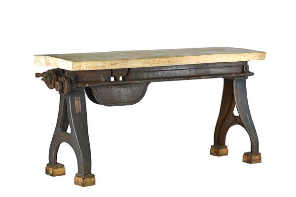 20th century industrial design, a free standing breakfast bar, the single slab oak rectangular top on a cast iron lathe base, 198cm wide x 100cm high