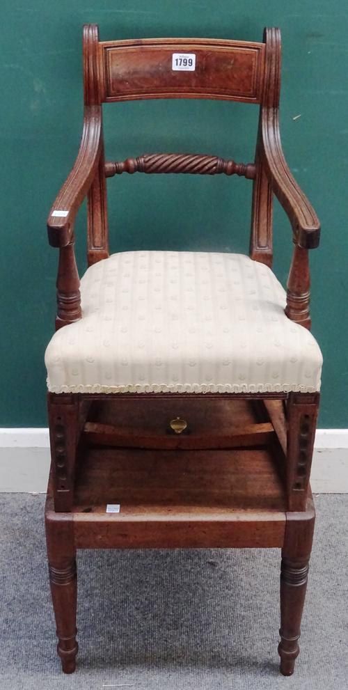 A Regency mahogany child's high chair, on square stand with turned supports, 39cm wide x 93cm high.