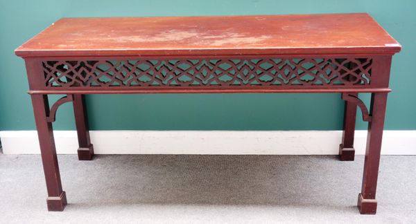 A mid-18th century style mahogany serving table, circa 1900, the rectangular top over pierced frieze on block supports, 160cm wide x 82cm high x 62cm