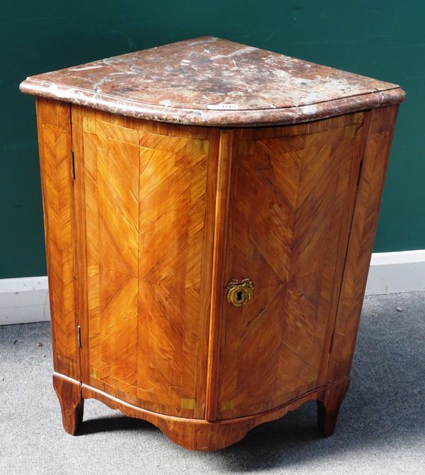 LGSCTIEICHTIG, an 18th century parquetry inlaid corner cupboard/encoignure, the marble top over a pair of serpentine doors on tapering square supports