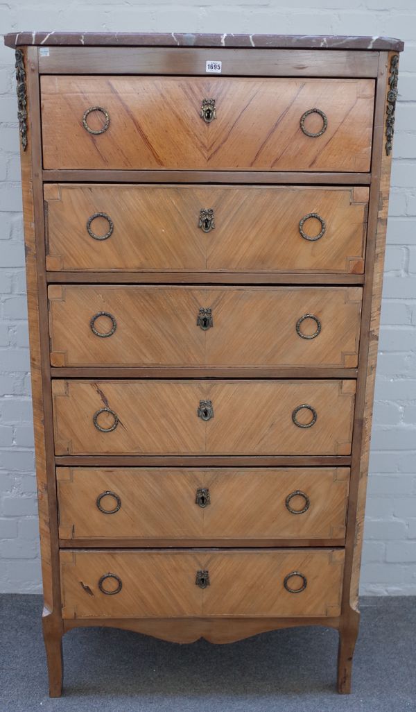 Frederic Massim; a late 19th century gilt metal mounted walnut marble topped tall chest of six drawers on shallow sabre supports, 83cm long x 164cm hi