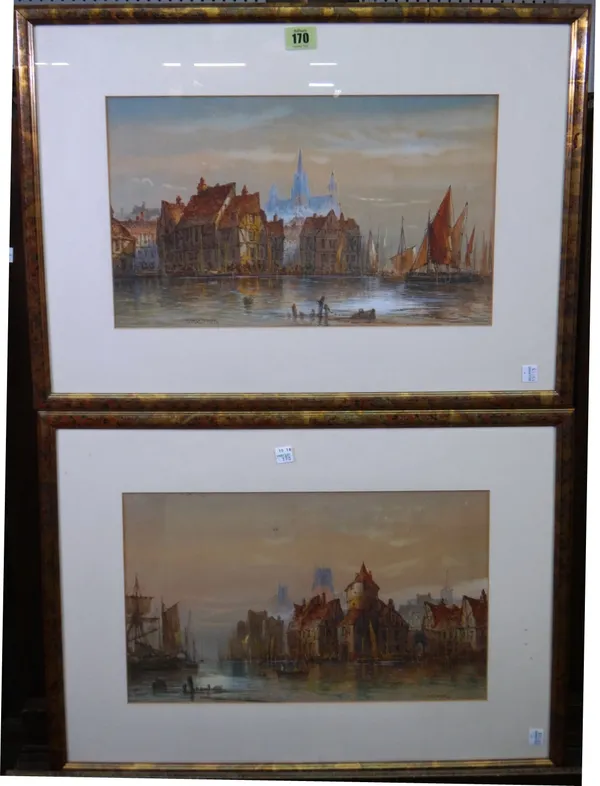 Thomas Mortimer (19th/20th century), Continental riverside towns, a pair, watercolour, both signed, each 24cm x 39.5cm.(2)  F1