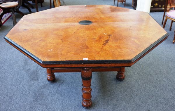 A Victorian pollard oak centre table with stellar veneered octagonal top on baluster turned supports, 160cm dia x 77cm high.