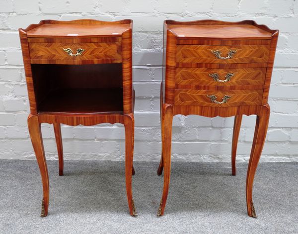 A pair of Louis XV style kingwood bedside tables, one with three serpentine drawers, the other with single drawer over recess on cabriole supports, 36