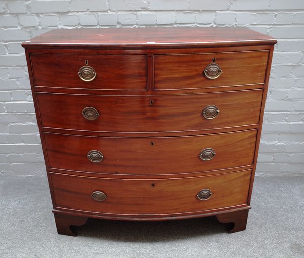 A Regency mahogany bowfront chest of two short and three long graduated drawers on bracket feet, 109cm wide x 105cm high x 55cm deep.