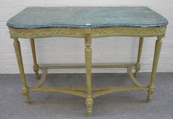 An 18th century style gold painted console table on a pair of scroll supports, 94cm wide x 76cm high x 32cm deep, together with another. (2)