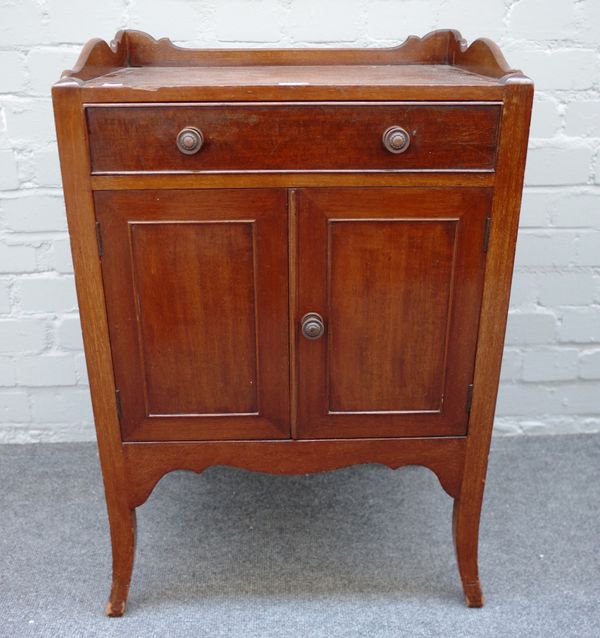 Possibly Gillows; a 19th century mahogany galleried night stand with single drawer over cupboards on splayed feet, 51cm wide x 77cm high x 38cm deep.