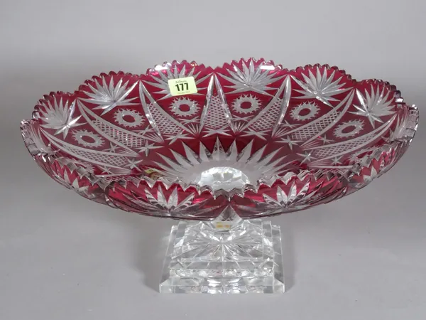 A large early 20th century red flashed cut glass tazza. 35cm wide. S2T