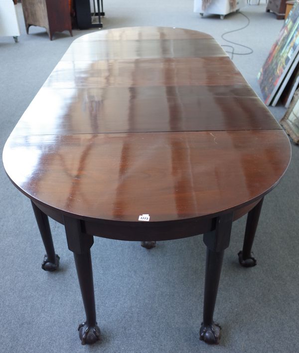 A George III and later mahogany extending dining table with pair of D-end sections, rectangular centre and two extra leaves, 118cm wide x 289cm long.