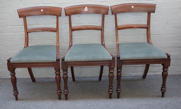 A set of six George III mahogany dining chairs on octagonal baluster supports, 47cm wide x 88cm high, (6).