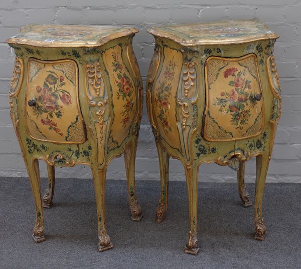 A pair of early 20th century Italian polychrome painted bombe bedside tables each with single door on cabriole supports, 47cm wide x 80cm high x 30cm