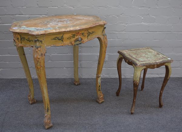 An early 20th century Italian polychrome painted lozenge shaped occasional table on cabriole supports, 71cm wide x 70cm high x 51cm deep, three matchi