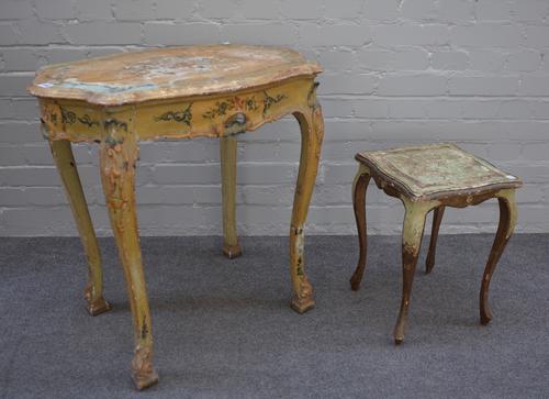 An early 20th century Italian polychrome painted lozenge shaped occasional table on cabriole supports, 71cm wide x 70cm high x 51cm deep, three matchi