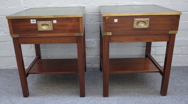 A pair of Campaign style brass bound mahogany bedside tables, each with single drawer on block supports, 46cm wide x 57cm high x 46cm deep, (2).