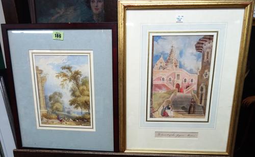 A group of six 19th century watercolours and drawings, including a goatherd near ruins by William Bulkley; The Convent of San Gregorio, Messina; a vie