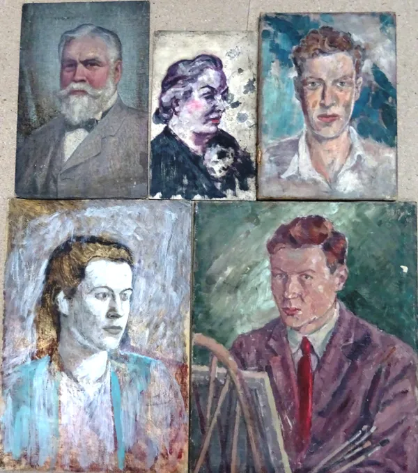 English School (20th century), A group of five portrait studies, two oil on canvas, two oil on canvasboard, one on board, all unframed, the largest 50