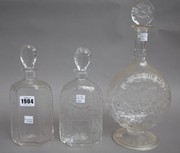 Two 19th century glass decanters and stoppers, a 'moonflask' shaped decanter and stopper and a Whitefriars type orange glass bowl with air bubble incl