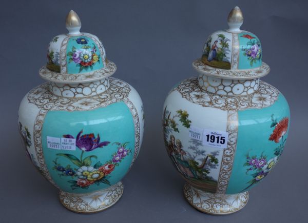 A pair of Dresden porcelain vases and covers, circa 1900, blue Augustus Rex mark to base, printed with gallant and companion against a landscape withi