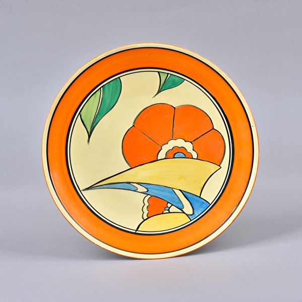 A Clarice Cliff Bizarre 'Zap' plate, circa 1931, polychrome painted, printed marks, 26cm dia. Illustrated