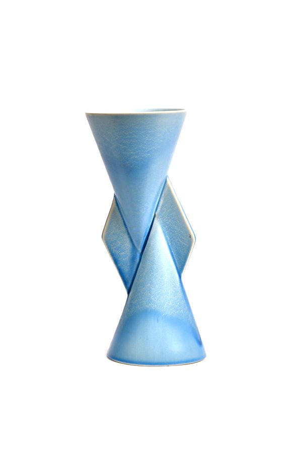 A Clarice Cliff 'Inspiration' Yo-Yo form vase, Circa 1930, blue mottled ground, black printed marks, 23.5cm high. Illustrated