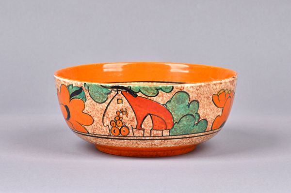 A Clarice Cliff 'Red Roof' cafe au lait fruit bowl, Circa 1931, black printed marks, 19.6cm dia.  Illustrated