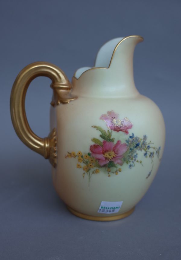 A Royal Worcester bone china jug, circa 1907, decorated with flowers against a shaded apricot ground, puce printed marks, shape 1094, 16cm. high.