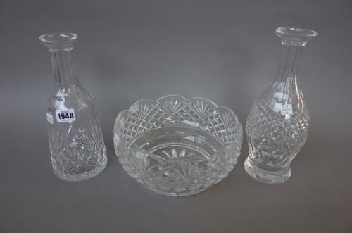 Two Waterford Crystal decanters and stoppers (33cm high), six Waterford liqueur glasses and a Waterford crystal bowl, (25cm diameter), (9).