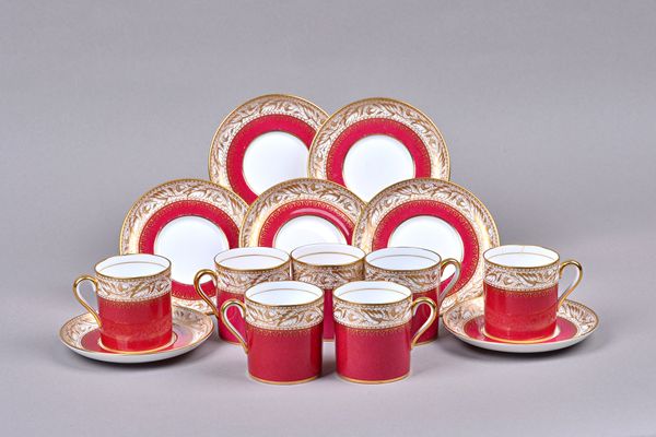 A set of seven Spode bone china claret ground coffee cups and saucers; property from the collection of H.R.H Princess Margaret Countess of Snowdon, wi