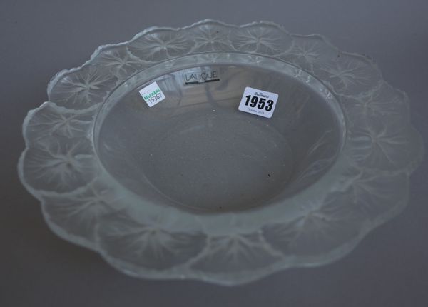 A Lalique clear and frosted crystal 'lily pad' bowl with moulded lily pad rim, etched 'Lalique France' to base with label, boxed. 27.5cm diameter.