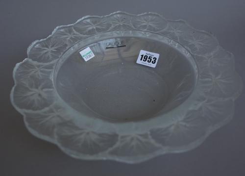 A Lalique clear and frosted crystal 'lily pad' bowl with moulded lily pad rim, etched 'Lalique France' to base with label, boxed. 27.5cm diameter.