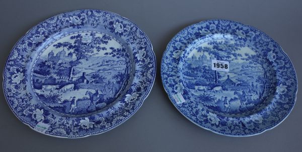 Two Dillwyn & Co. blue and white pearlware plates, first half 19th century, each printed with the `Ladies of Llangollen' pattern, impressed marks, 23.