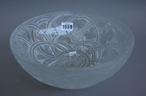 A modern Lalique clear and frosted crystal bowl, 'Finches' pattern moulded with finches amongst a hedgerow, etched 'Lalique France' to the base. (23.6