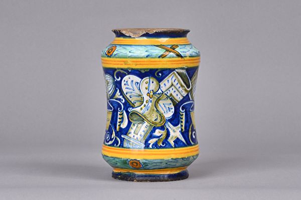 An Italian Maiolica Albarello, c. 1540, probably Castelo Durante, titled 'Jro.de.Lalandal', with central figure against a blue ground decorated with v