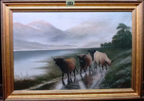A** Birrell (20th century), Highland Cattle, oil on canvas, signed and indistinctly dated, 30cm x 45cm.  F1