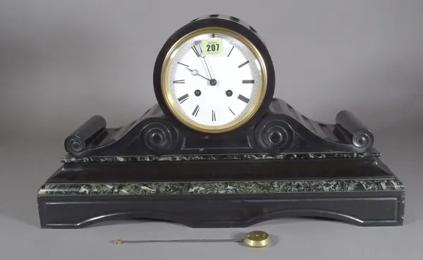 An early 20th century black slate cased mantle clock with 8 day movement, 46cm wide.   C10