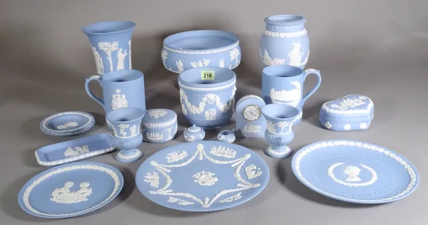 A large quantity of Wedgwood blue Jasperware items, plates, bowls and sundry.   S2T
