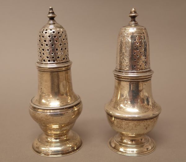 Two silver baluster shaped pepperettes, one base London 1753, the other base London 1769, with two associated detachable tops, combined weight 163 gms