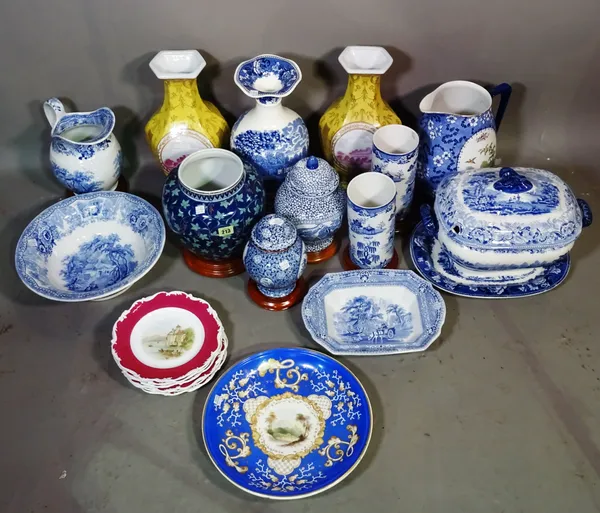 Ceramics, including; mainly blue and white transfer printed wares, a large pair of yellow ground vases and sundry, (qty).  S3M