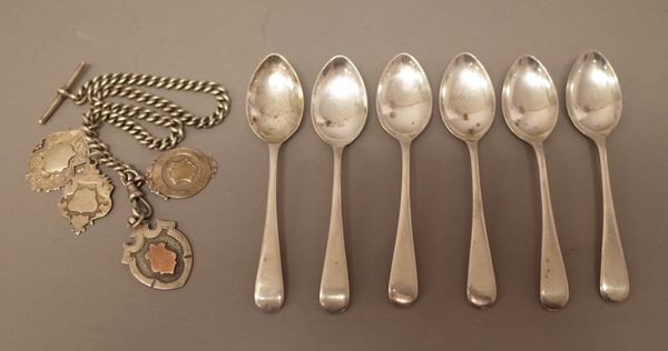 Silver, comprising; a set of six Old English pattern teaspoons, Sheffield 1955 and a silver curb link watch Albert chain, fitted with a silver T bar,